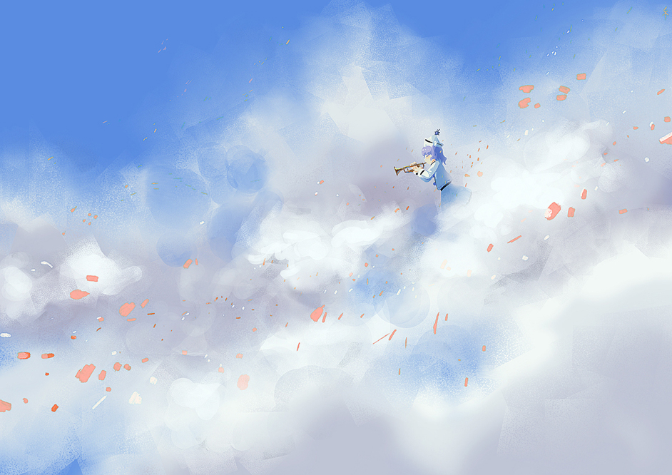 1girl blue_sky cherry_blossoms closed_eyes clouds day from_side hat holding instrument lavender_hair long_sleeves merlin_prismriver music perfect_cherry_blossom petals playing_instrument profile scenery seeker short_hair sky solo touhou trumpet white_hat wind