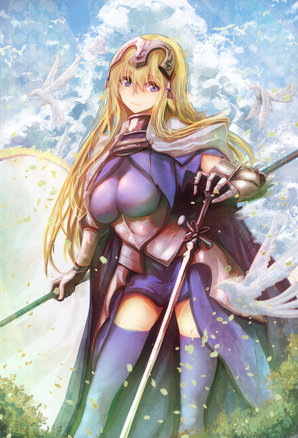 1girl armor awa_(rosemarygarden) bird blonde_hair blue_dress blue_eyes blue_legwear breasts clouds commentary_request dress fate/grand_order fate_(series) headpiece highres jeanne_d'arc_(fate) jeanne_d'arc_(fate)_(all) long_hair polearm short_dress sky smile solo sword thigh-highs very_long_hair waist_cape weapon