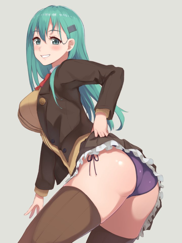 1girl aqua_eyes aqua_hair ass assisted_exposure blush bow bowtie breasts brown_jacket brown_legwear brown_skirt frilled_skirt frills grey_background grin hair_ornament hairclip jacket kantai_collection kurowan large_breasts long_sleeves looking_at_viewer open_clothes open_jacket panties purple_panties red_neckwear remodel_(kantai_collection) side-tie_panties skirt smile solo suzuya_(kantai_collection) underwear upper_body