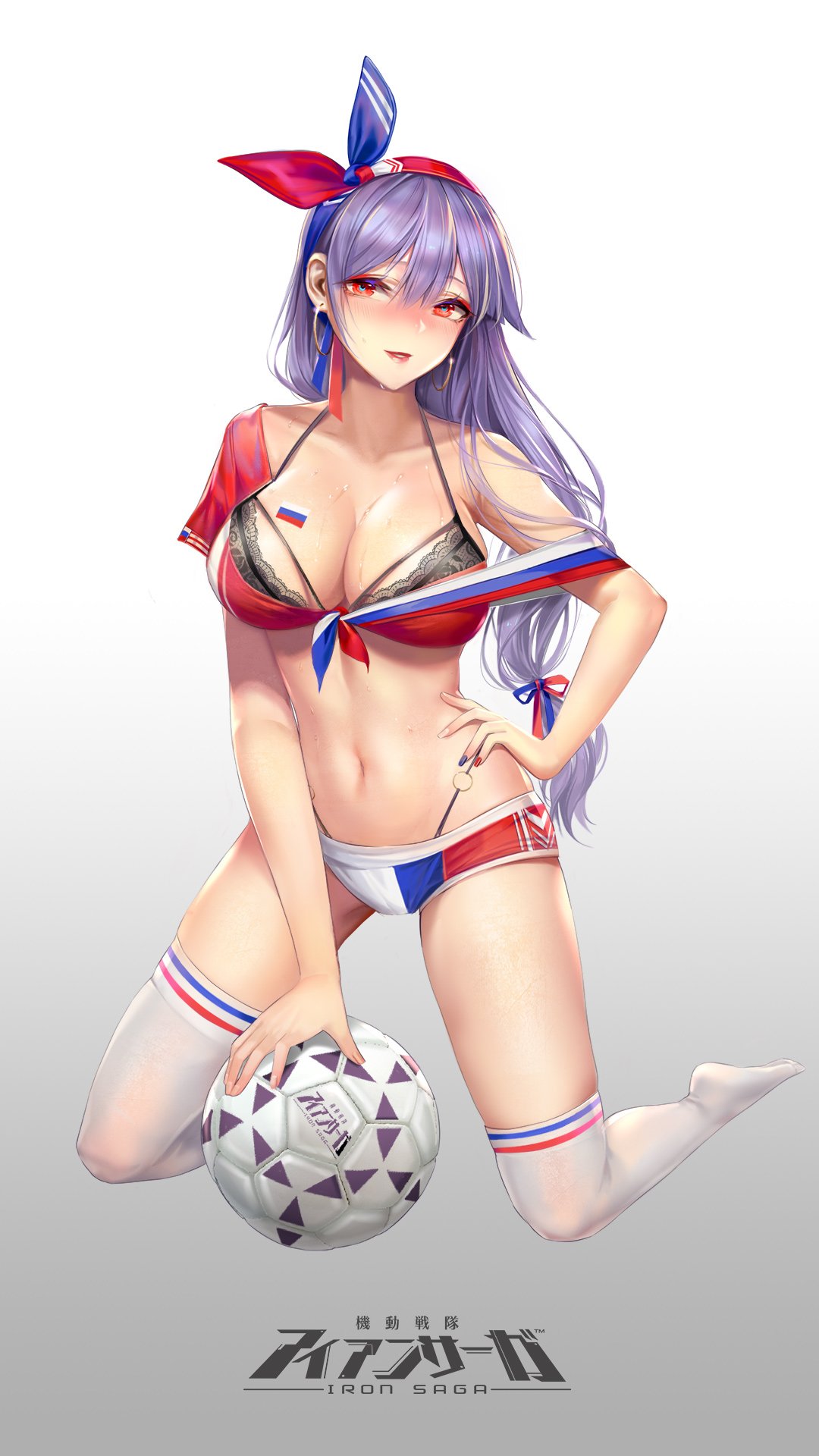 1girl ball black_panties blush bra breasts cleavage earrings full-face_blush highres iron_saga jewelry kneeling lace lace-trimmed_bra lipstick long_hair makeup navel o-ring o-ring_bottom o-ring_panties off_shoulder panties purple_hair red_eyes russian_flag short_shorts shorts soccer_ball solo thigh-highs underwear white_legwear world_cup zjsstc