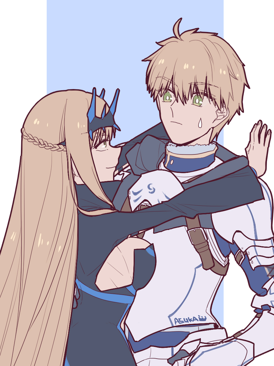 1boy 1girl against_wall ahoge armor arthur_pendragon_(fate) black_dress blonde_hair braid breasts brother_and_sister cleavage closed_mouth crown dress eyebrows_visible_through_hair fate/apocrypha fate/grand_order fate/prototype fate_(series) french_braid green_eyes hair_between_eyes hand_on_another's_back hood liangchanxingmingrixiang long_hair looking_at_another morgan_le_fay_(fate) siblings signature simple_background smile very_long_hair wall_slam