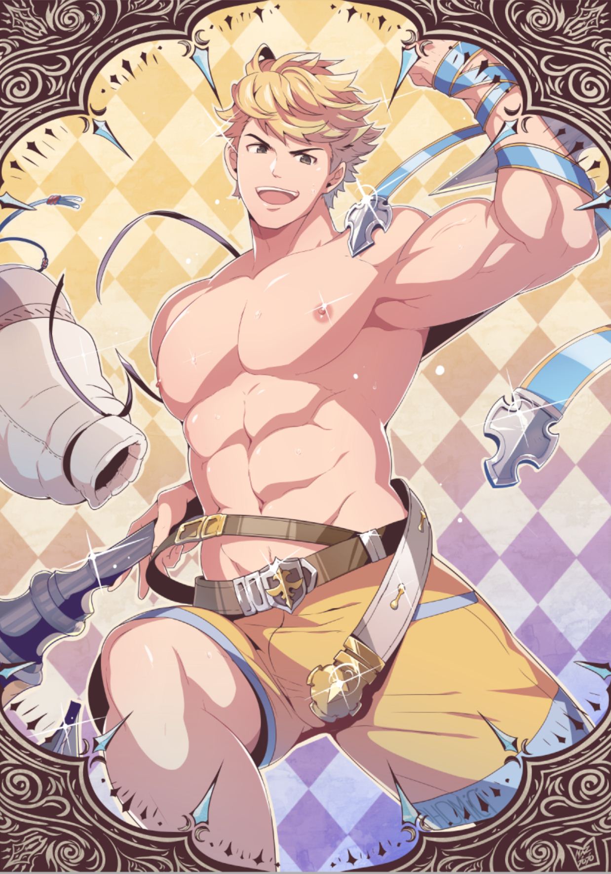 1boy argyle argyle_background belt blonde_hair granblue_fantasy highres looking_at_viewer male_focus mazjojo nipples open_mouth smile solo sparkle swimsuit vane_(granblue_fantasy)