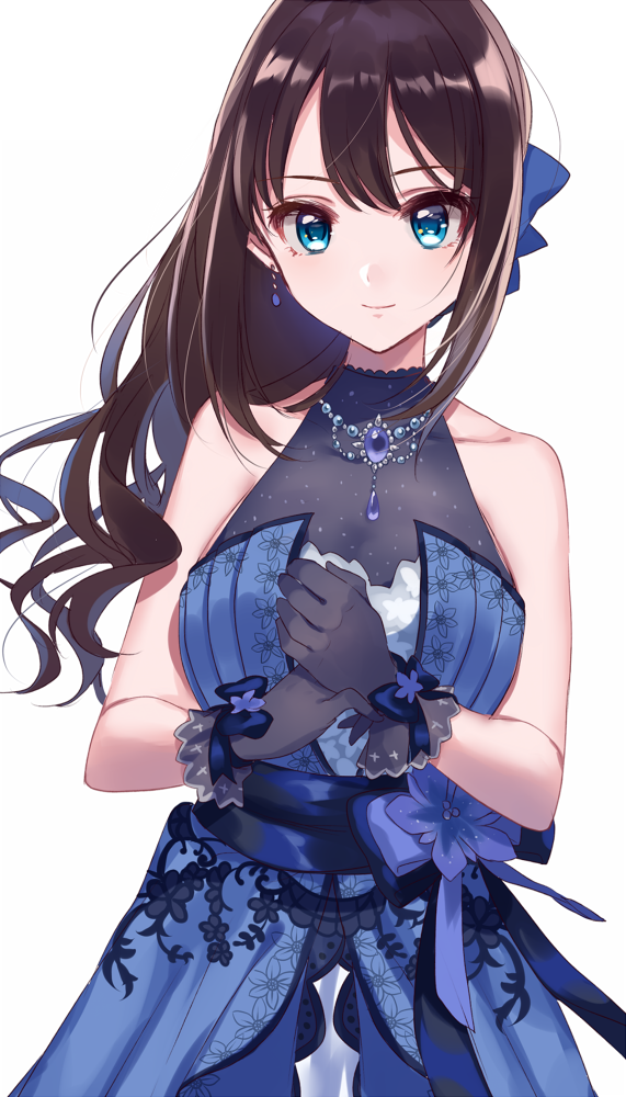 1girl bare_arms bare_shoulders black_gloves blue_bow blue_dress blue_eyes blue_flower blue_ribbon bow brown_hair dress earrings eternal_bloom_(idolmaster) floral_print flower gloves hair_bow hands_together idolmaster idolmaster_cinderella_girls idolmaster_cinderella_girls_starlight_stage jewelry long_hair looking_at_viewer misumi_(macaroni) necklace pearl_necklace ribbon shibuya_rin simple_background smile solo white_background wrist_ribbon