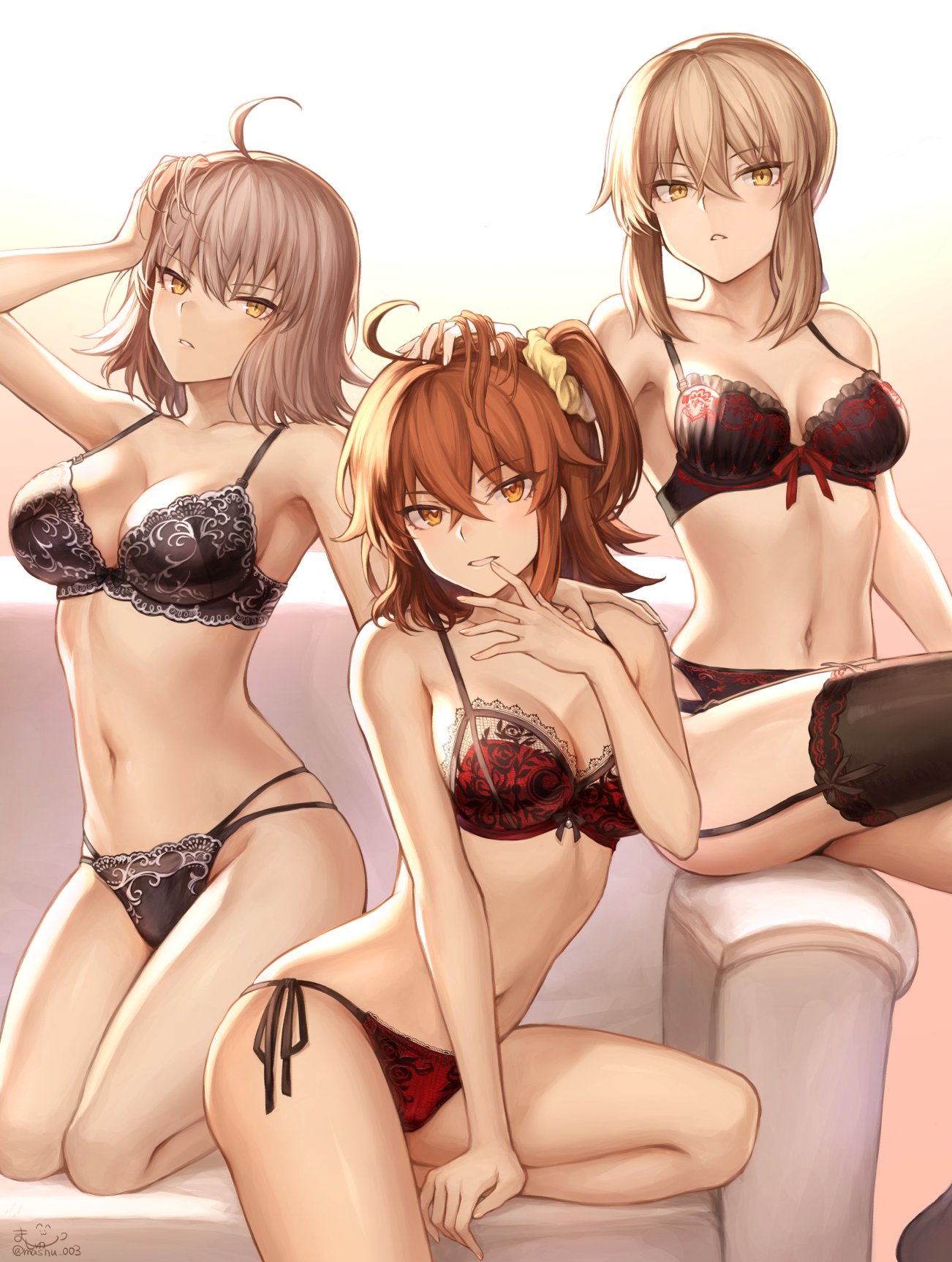 3girls ahoge artoria_pendragon_(all) bangs bare_shoulders blonde_hair breasts cleavage collarbone couch fate/grand_order fate/stay_night fate_(series) fujimaru_ritsuka_(female) hair_ornament hair_scrunchie highres jeanne_d'arc_(alter)_(fate) jeanne_d'arc_(fate)_(all) large_breasts mashu_003 medium_breasts multiple_girls one_side_up orange_hair saber_alter scrunchie short_hair side_ponytail silver_hair sitting yellow_eyes
