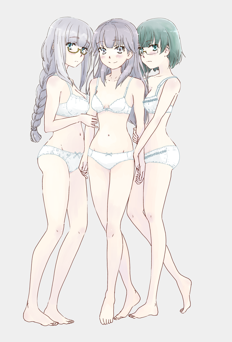 3girls arm_grab bangs black_hair blue_eyes bow bow_bra bow_panties bra braid breasts brown_eyes brown_hair cleavage closed_mouth commentary_request eyebrows_visible_through_hair frown full_body glasses green_eyes green_hair grey_background haruchika highres homura_chika long_hair looking_at_viewer medium_breasts multiple_girls narushima_miyoko navel panties rectangular_eyewear semi-rimless_eyewear serizawa_naoko short_hair simple_background single_braid small_breasts smile standing takahashi_mugi under-rim_eyewear underwear underwear_only white_bra white_panties yellow-framed_eyewear