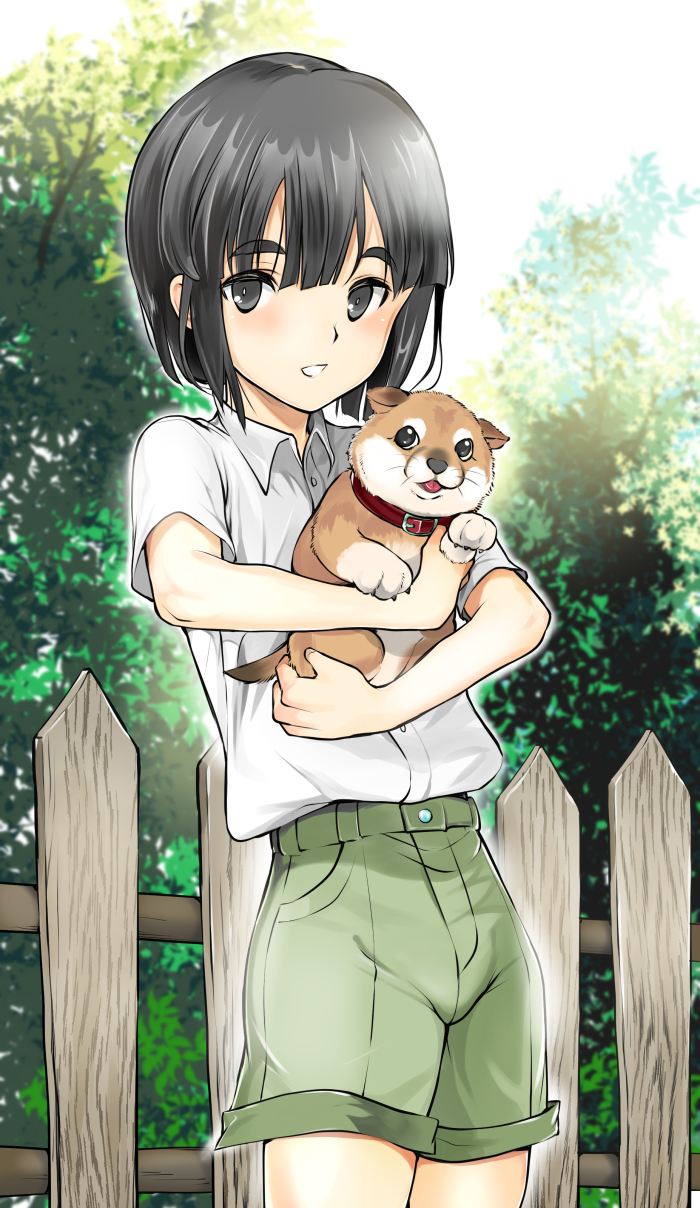 1boy black_eyes black_hair coin_rand collar commentary_request cowboy_shot dog fence green_shorts highres holding looking_at_viewer looking_up male_focus outdoors parted_lips puppy shiba_inu short_hair shorts standing thick_eyebrows