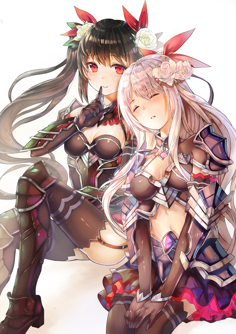 2girls armor armored_boots armored_dress ass bare_shoulders black_hair black_legwear blush boots breasts cleavage_cutout commentary commentary_request elbow_gloves finger_to_mouth flower four_goddesses_online:_cyber_dimension_neptune garter_straps gloves hair_flower hair_ornament hair_ribbon leaning_on_person long_hair looking_at_viewer medium_breasts multiple_girls navel neptune_(series) noire original red_eyes red_ribbon ribbon shushing silver_hair simple_background skirt sleeping smile sxbzero thigh-highs twintails very_long_hair white_background