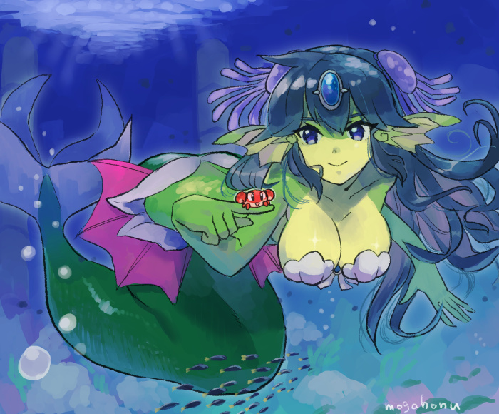 1girl :d animalization artist_name blue_eyes blue_hair breasts crab fish giga_mermaid green_skin head_fins large_breasts long_hair mermaid mogamiya_honu monster_girl open_mouth shantae:_half-genie_hero shantae_(character) shantae_(series) shell shell_bikini smile underwater