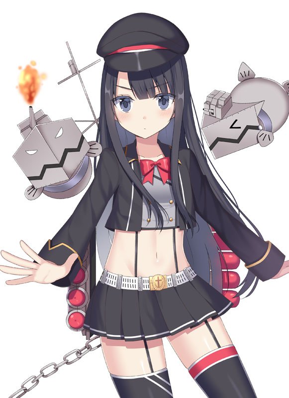 azur_lane bangs belt black_hair blue_eyes chains collarbone firing hime_cut izumo_neru jacket long_hair looking_at_viewer midriff navel outstretched_arms ribbon simple_background solo spread_arms thigh-highs torpedo_tubes white_background z19_hermann_kunne_(azur_lane)