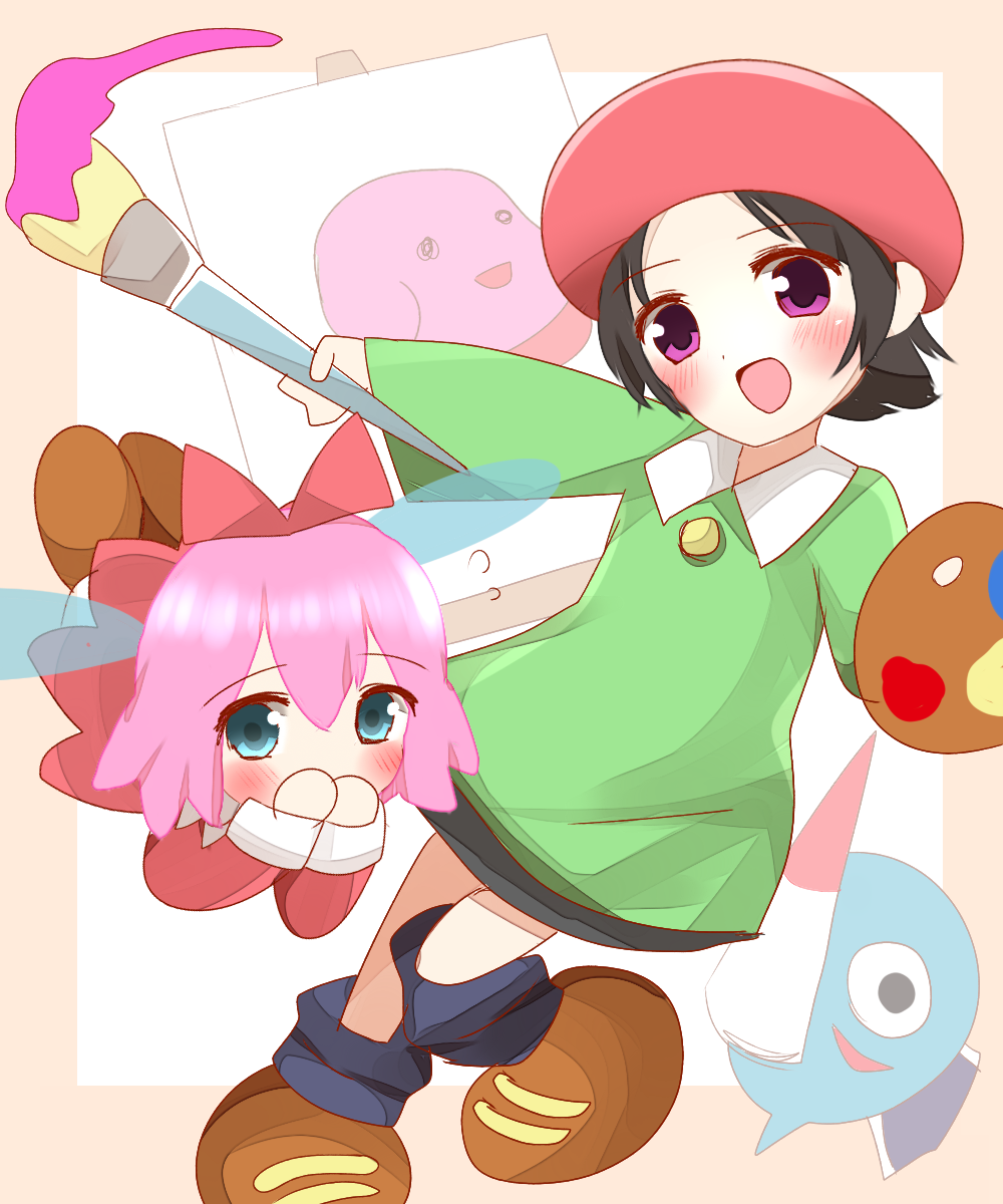 2girls :d adeleine bangs black_hair black_legwear blue_eyes blue_wings blush brown_footwear canvas_(object) collared_shirt commentary_request covering_mouth dress eyebrows_visible_through_hair fairy fairy_wings flying_sweatdrops green_shirt hair_between_eyes hat highres holding holding_paintbrush hoshi_no_kirby hoshi_no_kirby_64 kirby_(series) kirby_64 long_sleeves looking_at_viewer multiple_girls non_(wednesday-classic) open_mouth paintbrush parted_bangs pink_hair red_dress red_hat ribbon_(kirby) shirt shoes smile socks standing standing_on_one_leg transparent_wings wings