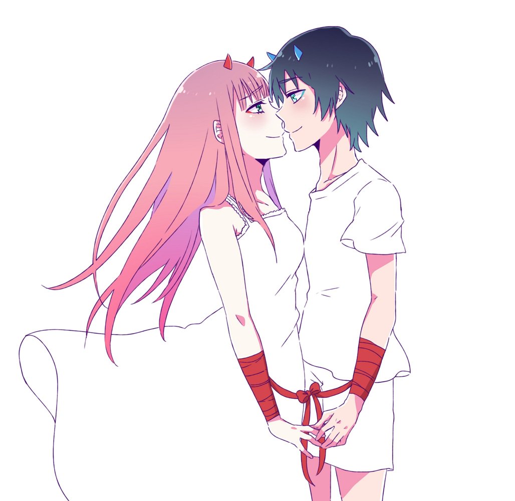 1boy 1girl arm_ribbon bangs bare_shoulders black_hair blue_eyes blue_horns blush breasts cleavage collarbone commentary_request couple darling_in_the_franxx dress eyebrows_visible_through_hair face-to-face facing_another green_eyes hand_holding hetero hiro_(darling_in_the_franxx) horns long_hair looking_at_another mukkun696 oni_horns pink_hair red_horns red_ribbon ribbon shirt short_hair short_sleeves shorts sleeveless sleeveless_dress white_dress white_shirt white_shorts zero_two_(darling_in_the_franxx)