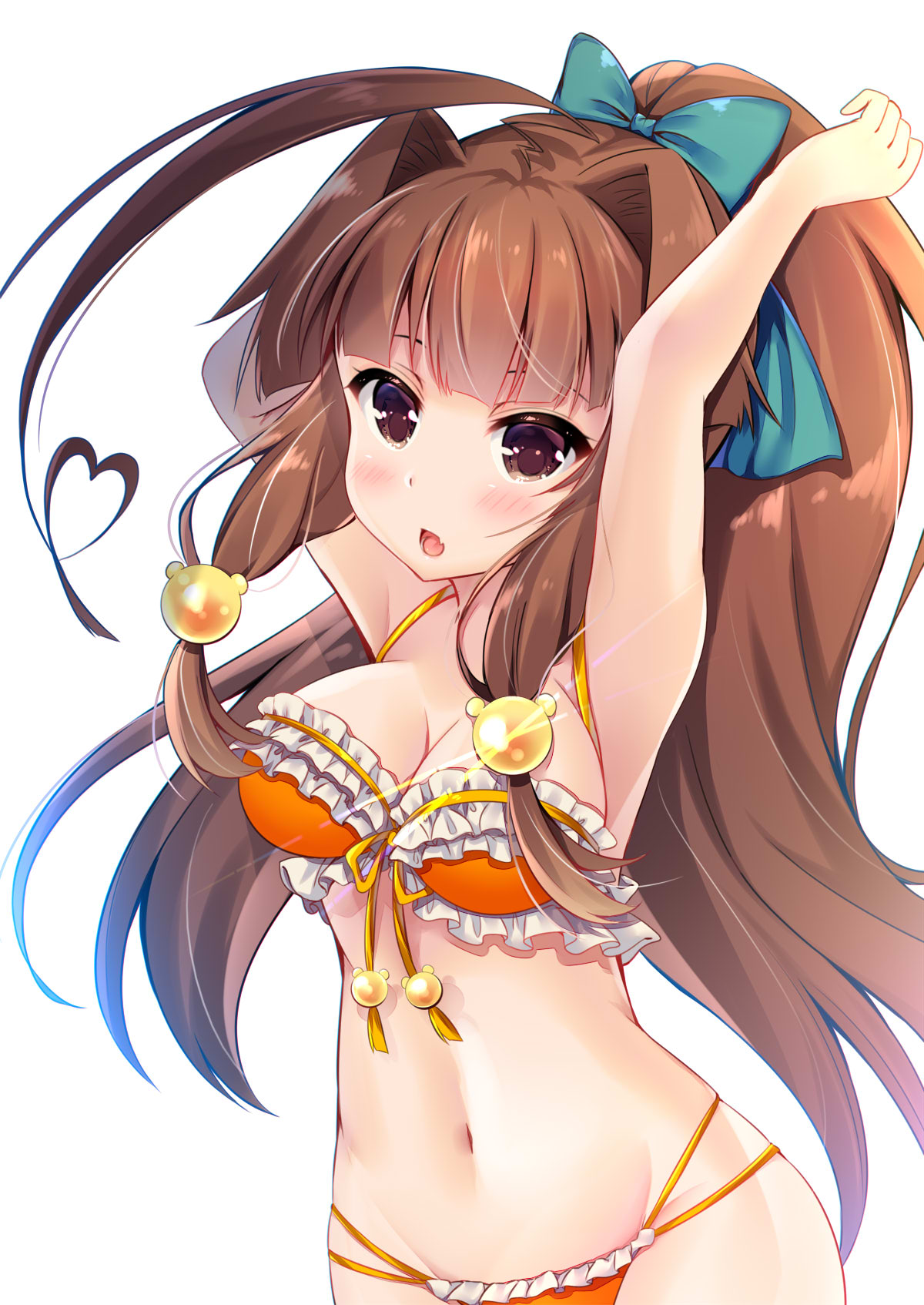 1girl ahoge alternate_hairstyle arms_up bad_anatomy bikini blush breasts brown_eyes brown_hair fang heart_ahoge highres huge_ahoge kantai_collection ko_yu kuma_(kantai_collection) long_hair medium_breasts navel open_mouth orange_bikini ponytail simple_background solo swimsuit white_background