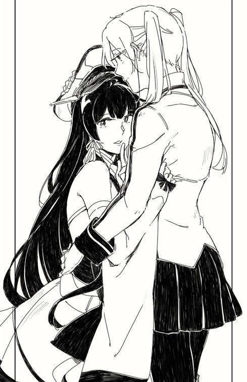 2girls bare_shoulders clothes_grab collared_shirt commentary cowboy_shot detached_sleeves eyebrows_visible_through_hair gesture gloves graf_zeppelin_(kantai_collection) greyscale hair_between_eyes hair_over_shoulder hair_ribbon half-closed_eyes hand_on_another's_head hand_on_another's_hip hat hug japanese_clothes kantai_collection long_hair long_sleeves looking_at_viewer military military_hat mizuho_(kantai_collection) monochrome multiple_girls pantyhose parted_lips peaked_cap pleated_skirt ribbon shirt simple_background skirt straight_hair tress_ribbon twintails weidashming white_background