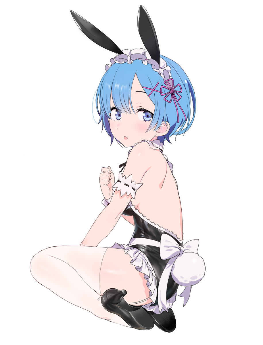 1girl alternate_costume animal_ears arm_strap bare_shoulders black_legwear black_leotard blue_eyes blue_hair blush breasts bunny_girl detached_collar eyebrows_visible_through_hair eyes_visible_through_hair fake_animal_ears frilled_sleeves frills from_side garter_straps hair_ornament hair_over_one_eye hair_ribbon highleg highleg_leotard highres leotard looking_at_viewer naisho_na_zuku_doori pink_ribbon purple_ribbon rabbit_ears re:zero_kara_hajimeru_isekai_seikatsu red_ribbon rem_(re:zero) ribbon shiny shiny_clothes short_hair small_breasts strapless strapless_leotard white_legwear x_hair_ornament