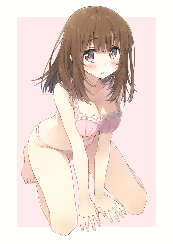 1girl bangs barefoot between_legs blush bra breasts brown_eyes brown_hair cleavage collarbone eyebrows_visible_through_hair hand_between_legs kneeling leaning_forward looking_at_viewer medium_breasts medium_hair original panties parted_lips pink_background pink_bra pink_panties simple_background solo tsuke_(maholabo) underwear underwear_only