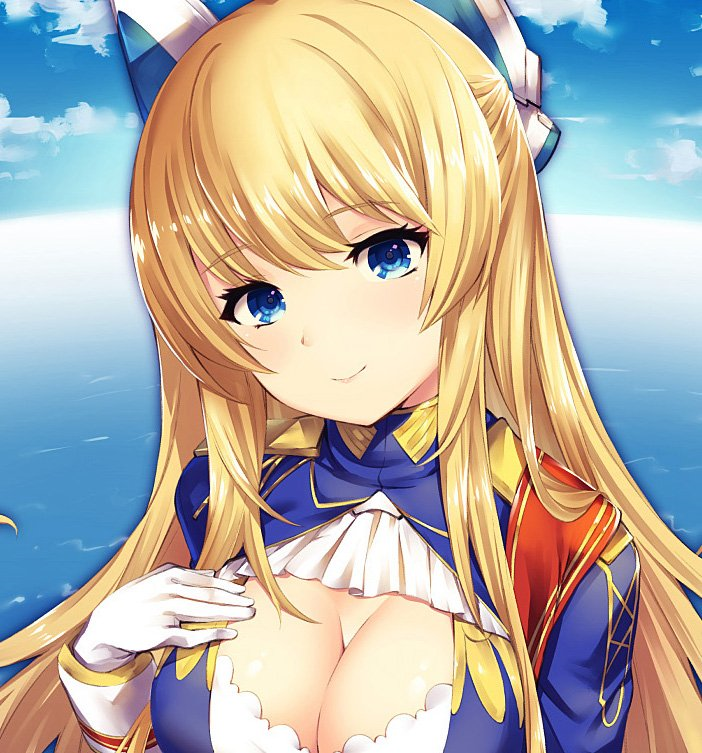 1girl akanagi_youto azur_lane bangs blonde_hair blue_eyes blue_vest bow bra breasts character_request cleavage clouds clouds commentary_request copyright_request frilled_shirt frills glorious_(azur_lane) gloves hair_ornament hand_on_own_chest large_breasts lint_roller long_hair ocean shirt sky uniform uniform_vest upper_body vest white_gloves wristband