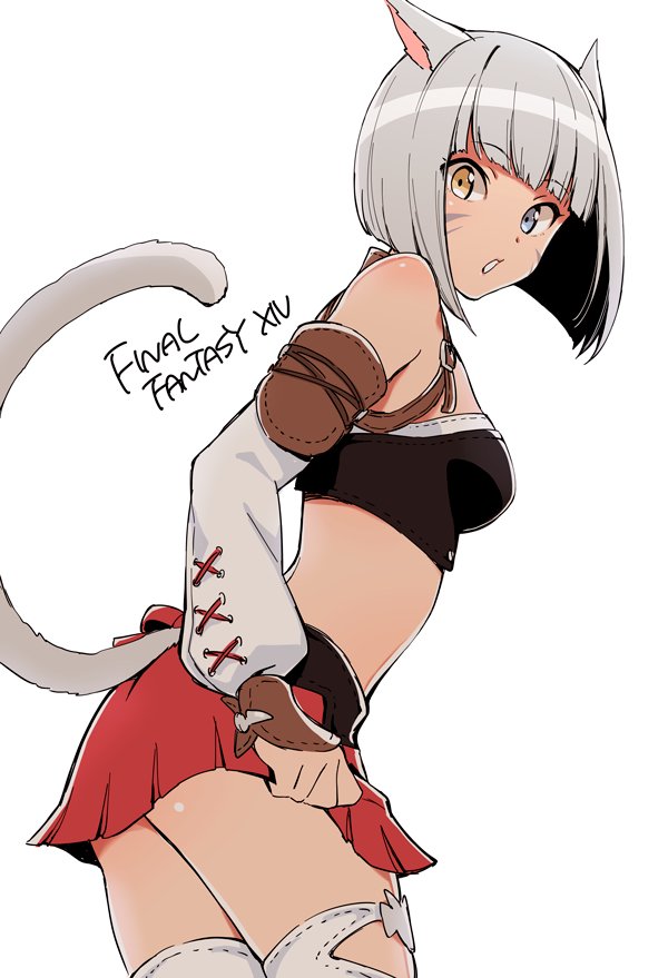 animal_ears blue_eyes breasts cat_day cat_ears cat_tail cowboy_shot crop_top dark_skin detached_sleeves facial_hair final_fantasy final_fantasy_xiv from_side harness heterochromia miniskirt miqo'te nonaka_nono short_hair silver_hair skirt sleeves_past_wrists small_breasts strapless tail thigh-highs tubetop white_legwear yellow_eyes