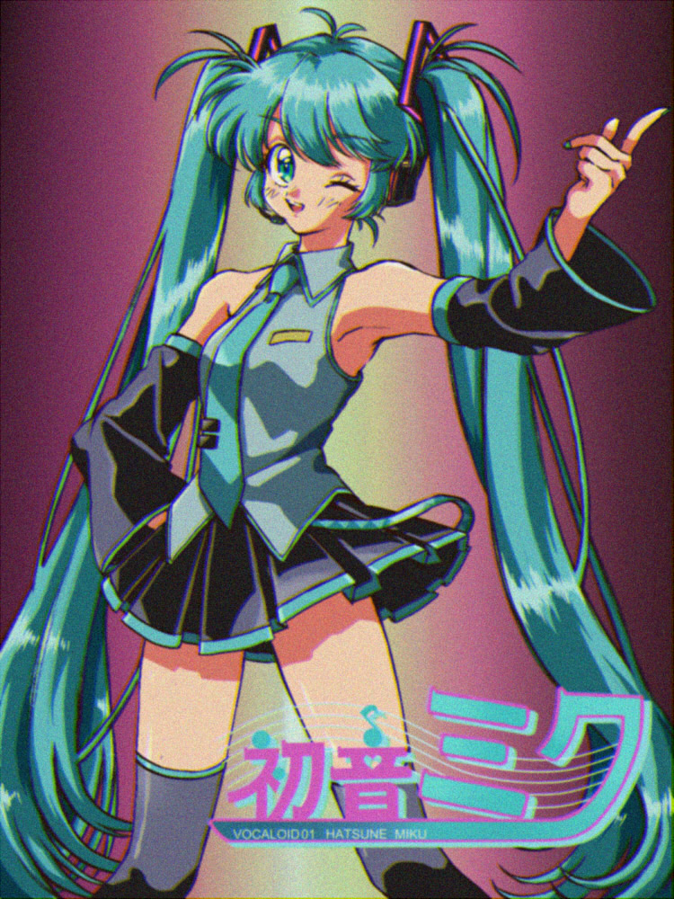 1girl 80s ;d anime_coloring bare_shoulders blue_eyes blue_hair blue_nails blush breasts character_name commentary detached_sleeves eyebrows_visible_through_hair eyelashes fingernails gradient gradient_background grey_shirt hand_on_hip hand_up hatsune_miku long_hair looking_at_viewer nail_polish necktie oldschool one_eye_closed open_mouth sabamiso_(tomatomikan) shirt simple_background skirt sleeveless sleeveless_shirt smile solo_focus spread_legs standing thigh-highs twintails upper_body vocaloid