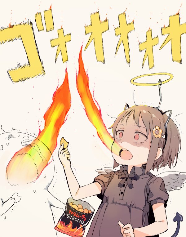 1girl ano_ko_wa_toshi_densetsu bag_of_chips bangs black_bow black_dress bow breathing_fire brown_hair chips collared_dress commentary_request demon_tail dress eyebrows_visible_through_hair fake_halo fake_horns feathered_wings fire food gomennasai hair_ornament hairclip hand_up holding holding_food mini_wings puffy_short_sleeves puffy_sleeves red_eyes short_sleeves tail translated trembling white_wings wings zangyaku-san