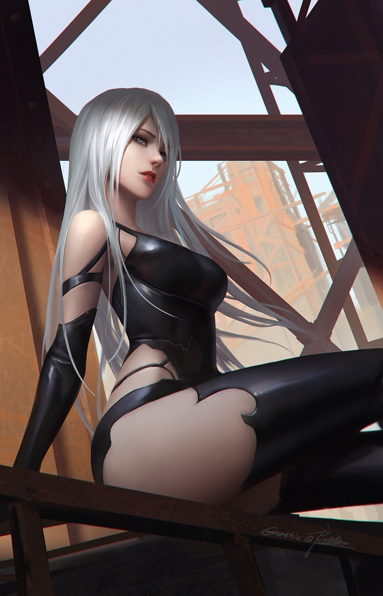 1girl android armlet black_shorts blue_eyes boots building commentary construction_site elbow_gloves from_below girder gloves head_tilt nier_(series) nier_automata painting qichao_wang red_lips robot_joints short_shorts shorts silver_hair sitting steel_beam tank_top thigh-highs thigh_boots thighs under_construction yorha_type_a_no._2