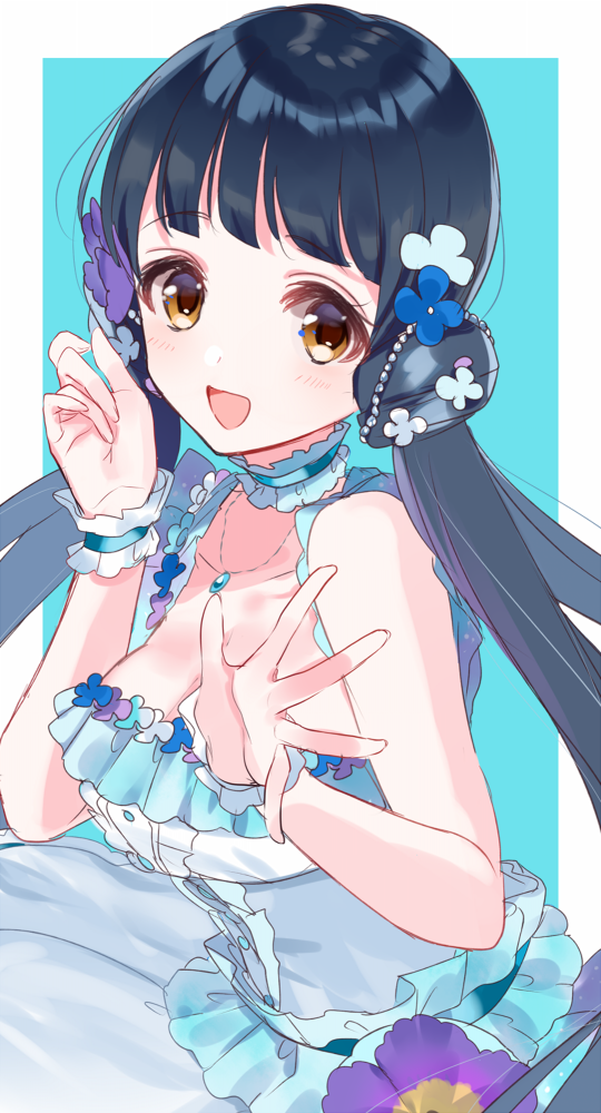 1girl :d bare_arms bare_shoulders blue_background blue_dress blue_hair blush border brown_eyes dress flower idolmaster idolmaster_million_live! jewelry kitakami_reika long_hair looking_at_viewer low_twintails misumi_(macaroni) necklace open_mouth purple_flower scrunchie sleeveless smile solo twintails upper_body white_border white_scrunchie wrist_scrunchie