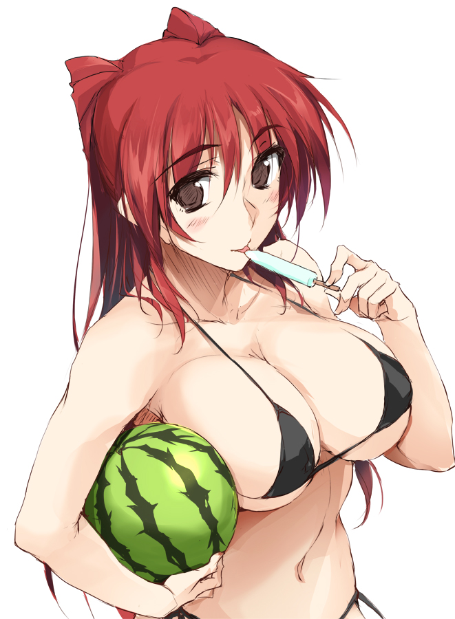 1girl bikini black_bikini blush breasts brown_eyes food fruit holding kousaka_tamaki large_breasts licking long_hair navel popsicle redhead simple_background solo swimsuit to_heart_2 tongue tongue_out two_side_up watermelon white_background zekkyon