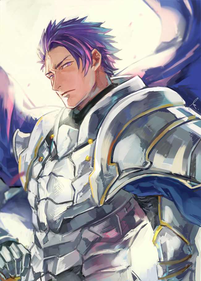 1boy armor blue_cape cape fate/grand_order fate_(series) fisheep knight lancelot_(fate/grand_order) looking_at_viewer male_focus purple_hair signature simple_background solo violet_eyes white_armor white_background