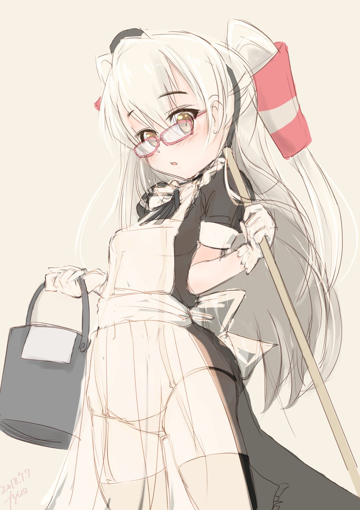 1girl amatsukaze_(kantai_collection) apron blush breasts eyebrows_visible_through_hair fyuo glasses gloves grey_background hair_between_eyes highres kantai_collection long_hair looking_at_viewer maid maid_apron maid_headdress open_mouth panties red_glasses simple_background small_breasts solo twintails twitter_username underwear white_gloves white_hair white_panties yellow_eyes