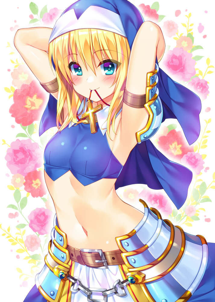 1girl armlet armor armpits arms_up belt blonde_hair blue_eyes blush breasts bucchake_(asami) chains cross cross_necklace floral_background flower habit hair_between_eyes jewelry looking_at_viewer medium_hair midriff mouth_hold navel necklace ootomo_sourin_(sengoku_otome) sengoku_otome skirt small_breasts smile solo white_skirt