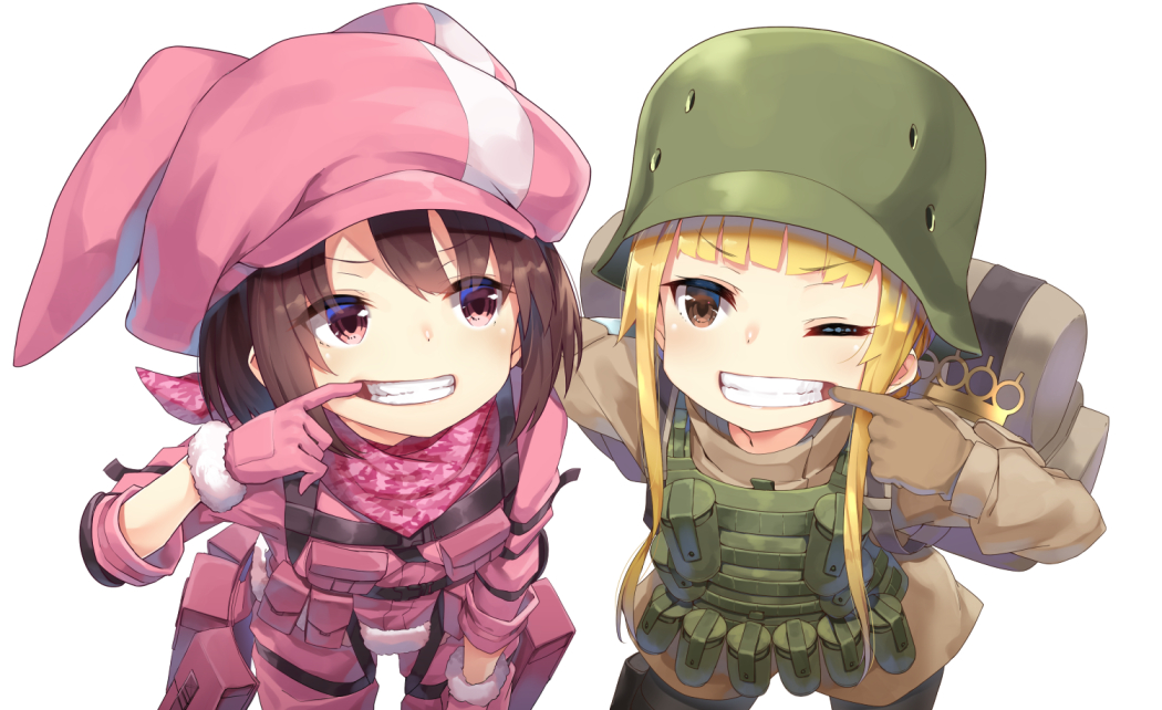 2girls :d ;d animal_ears bag bangs bent_over blonde_hair blunt_bangs blush brown_eyes brown_hair cabbie_hat commentary_request fukaziroh_(sao) gloves half-closed_eye hand_on_another's_shoulder happy hat llenn_(sao) looking_at_another military military_hat military_uniform mouth_pull multiple_girls one_eye_closed open_mouth pink_gloves rabbit_ears sidelocks simple_background smile sword_art_online sword_art_online_alternative:_gun_gale_online teeth uniform white_background yuuuuu