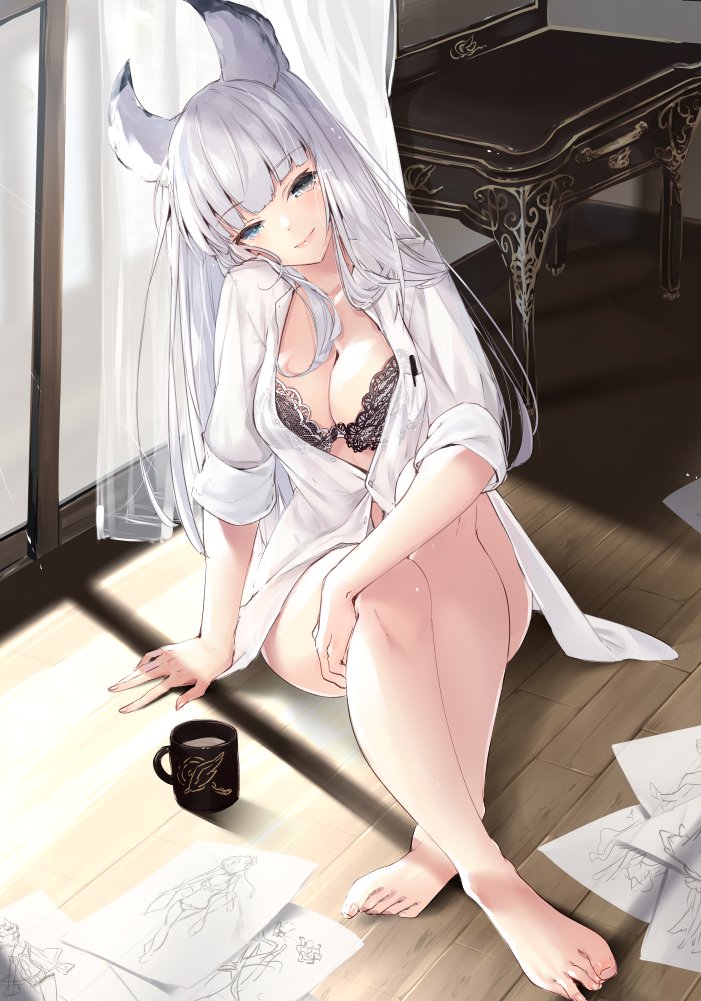 1girl 218 animal_ears arm_support black_bra blue_eyes bra breasts cleavage closed_mouth coffee_mug commentary_request cup curtains drawing erune fingernails granblue_fantasy head_tilt indoors korwa large_breasts long_hair long_sleeves looking_at_viewer mug on_floor paper partially_unbuttoned shirt silver_hair sitting sleeves_folded_up smile solo transparent underwear vanity_table very_long_hair white_shirt window wooden_floor