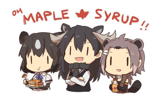 3girls :t =d american_beaver_(kemono_friends) animal_ears antlers bear_ears beaver_ears black_hair blue_neckwear bottle bridal_gauntlets brown_bear_(kemono_friends) chibi collared_vest cropped_torso crossed_arms eating elbow_gloves english extra_ears eyebrows_visible_through_hair food fur_collar fur_scarf gloves grey_hair hair_between_eyes hair_ornament hairclip high_collar holding holding_bottle holding_plate kemono_friends kyanos1145 leaf_print long_hair long_sleeves maple_leaf_print moose_(kemono_friends) moose_ears multicolored_hair multiple_girls open_mouth pancake plate scarf shirt short_hair short_sleeves side-by-side simple_background smile sweater two-tone_hair upper_body vest white_background |_|