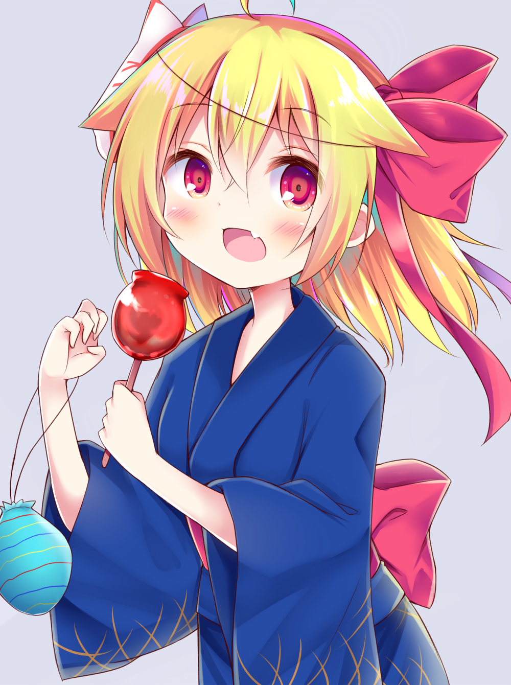 1girl :d ahoge bangs blonde_hair blue_kimono blush bow candy_apple commentary_request esureki eyebrows_visible_through_hair fang food grey_background hair_between_eyes hair_bow hands_up highres holding holding_food japanese_clothes kimono long_hair long_sleeves looking_at_viewer mask mask_on_head open_mouth print_kimono red_bow red_eyes rumia simple_background smile solo touhou water_yoyo wide_sleeves