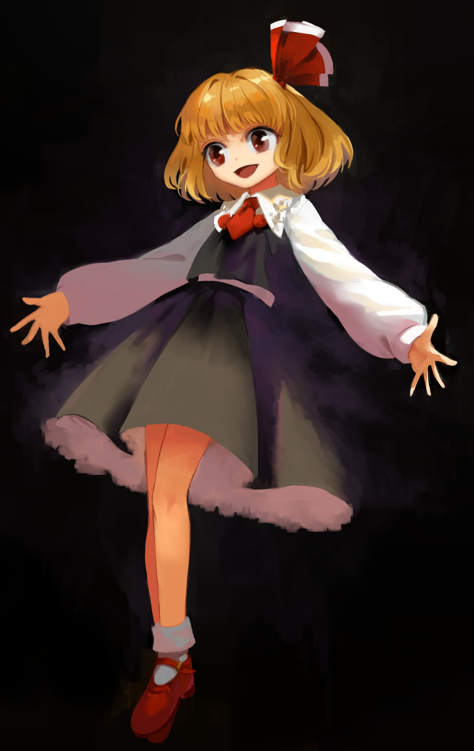 1girl :d bangs black_background black_vest blonde_hair bobby_socks brown_eyes full_body hair_intakes hair_ribbon long_sleeves mary_janes necktie open_mouth puffy_long_sleeves puffy_sleeves red_footwear red_neckwear red_ribbon ribbon rumia shirt shoes short_hair short_necktie smile socks solo suna_(s73d) touhou vest white_legwear white_shirt