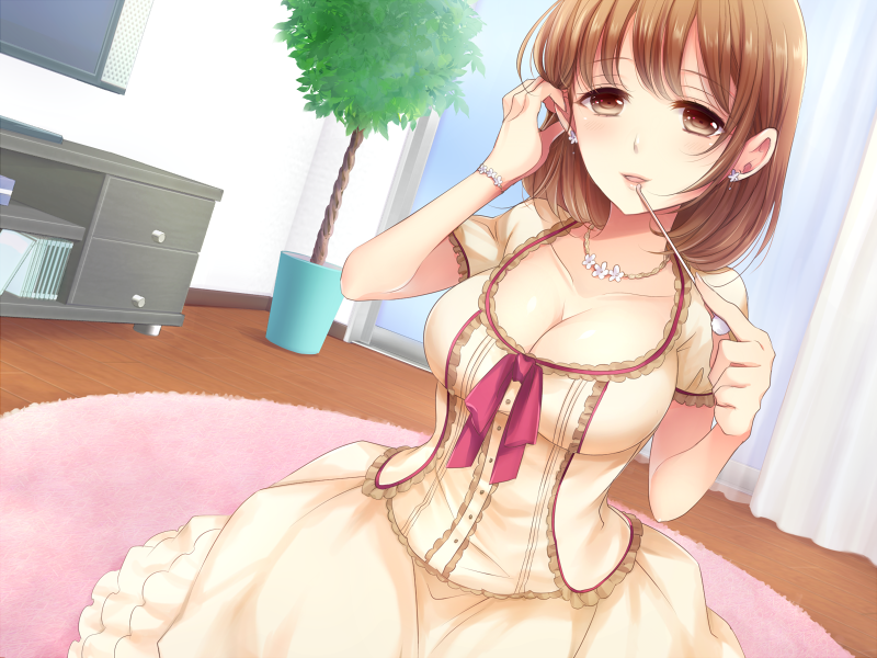 1girl adjusting_hair blush bracelet breasts brown_eyes brown_hair cleavage curtains dress dutch_angle ear_clip hakuou_(levi77) hand_up indoors jewelry large_breasts looking_at_viewer medium_hair necklace original parted_lips pink_rug plant potted_plant rug short_sleeves sitting solo television