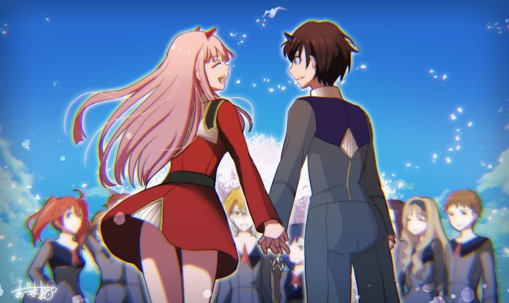 5boys 5girls ahoge bangs black_hair blonde_hair blue_eyes blue_hair blue_hairband blue_horns blue_sky brown_hair cherry_blossoms closed_eyes clouds cloudy_sky commentary_request couple darling_in_the_franxx day eyebrows_visible_through_hair futoshi_(darling_in_the_franxx) glasses gorou_(darling_in_the_franxx) hair_ornament hairband hand_holding hetero hiro_(darling_in_the_franxx) horns ichigo_(darling_in_the_franxx) ikuno_(darling_in_the_franxx) kokoro_(darling_in_the_franxx) light_brown_hair long_hair long_sleeves looking_at_another miku_(darling_in_the_franxx) military military_uniform mitsuru_(darling_in_the_franxx) multiple_boys multiple_girls muraiaria necktie no_pants oni_horns open_mouth petals pink_hair purple_hair red_horns red_neckwear redhead short_hair signature sky tree twintails uniform zero_two_(darling_in_the_franxx) zorome_(darling_in_the_franxx)