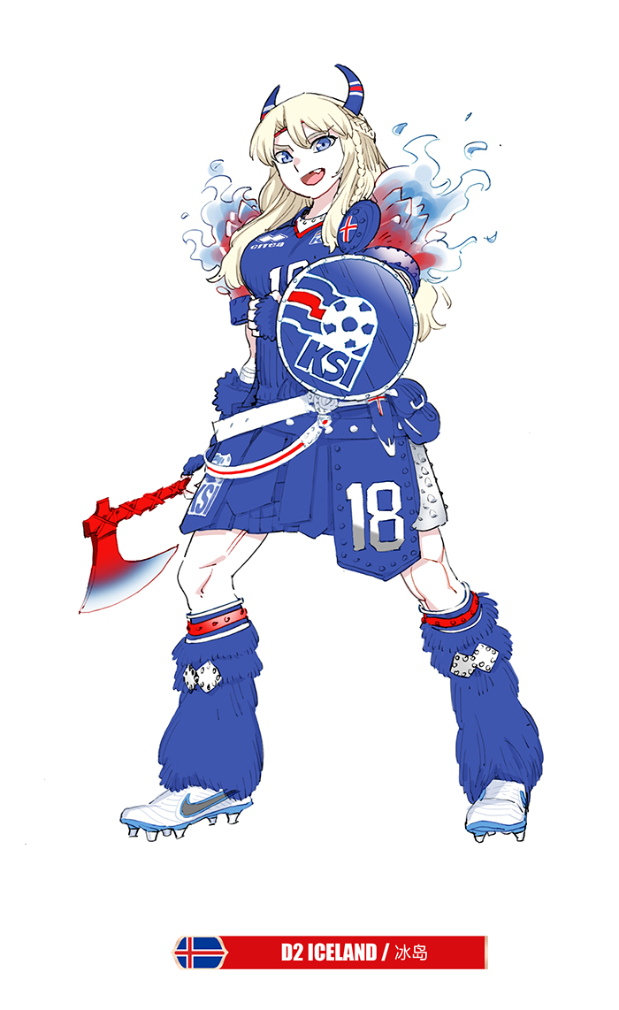 1girl 2018_fifa_world_cup :d armor armored_dress axe blonde_hair blue_eyes blue_legwear braid cleats daibajoujisan fang fire french_braid full_body horns iceland icelandic_flag long_hair looking_at_viewer open_mouth shield simple_background smile soccer solo white_background white_footwear