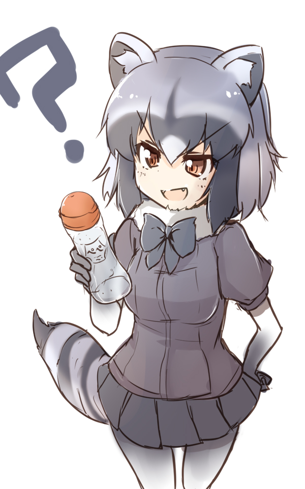 1girl :d ? amai_nekuta animal_ears black_hair black_neckwear black_skirt bow bowtie brown_eyes commentary common_raccoon_(kemono_friends) cowboy_shot fang fur_collar gloves grey_gloves grey_hair grey_legwear grey_shirt hand_on_hip kemono_friends lotion miniskirt multicolored_hair open_mouth pantyhose pleated_skirt puffy_short_sleeves puffy_sleeves raccoon_ears raccoon_tail shirt short_hair short_sleeves simple_background skirt smile solo standing striped_tail tail v-shaped_eyebrows white_background