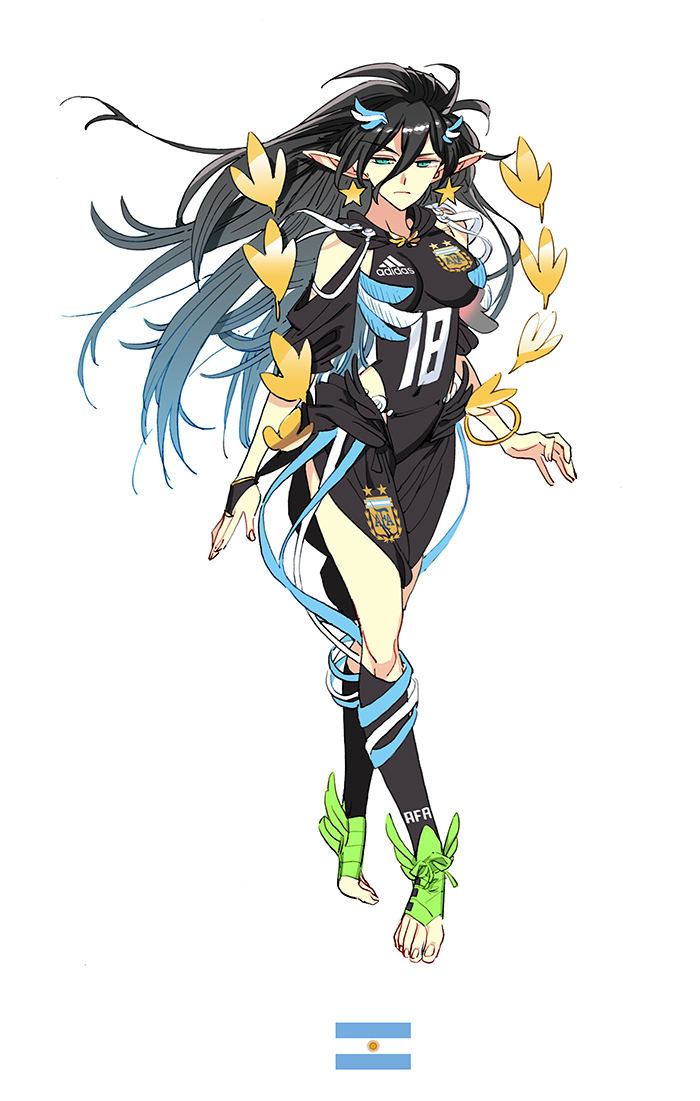 1girl 2018_fifa_world_cup argentina argentinian_flag barefoot black_hair black_legwear breasts daibajoujisan full_body green_eyes hair_between_eyes long_hair medium_breasts number pointy_ears simple_background soccer solo toeless_legwear white_background