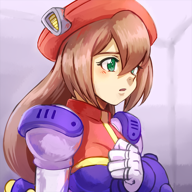 1girl android beret breasts brown_hair clenched_hand green_eyes hair_between_eyes hand_on_own_chest hat iris_(rockman_x) long_hair medium_breasts parted_lips rockman rockman_x rockman_x4 solo tentokki worried