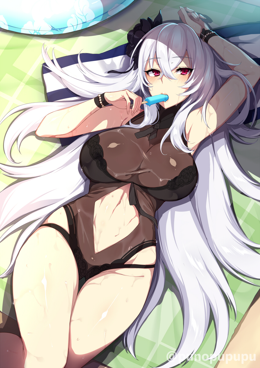 1girl azur_lane bangs beach_mat black_flower black_swimsuit breasts cleavage clouds coat crossed_bangs cup drinking_glass eyebrows_visible_through_hair flower food graf_zeppelin_(azur_lane) groin hair_between_eyes hair_flower hair_ornament highres holding holding_food innertube large_breasts long_hair looking_at_viewer messy_hair midriff navel navel_cutout one-piece_swimsuit parted_lips popsicle red_eyes revealing_clothes see-through shade sidelocks silver_hair skindentation sky solo stomach swimsuit tropical_drink twitter_username wet wrist_straps zeroshiki_kouichi
