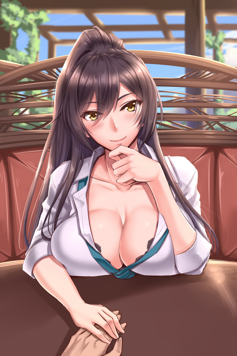 1girl bangs black_bra black_hair blush bra breast_rest breasts brown_hair closed_mouth collarbone couch dating dress_shirt eyebrows_visible_through_hair green_neckwear hair_between_eyes hand_holding high_ponytail highres holding_hand idolmaster idolmaster_shiny_colors indoors large_breasts long_hair looking_at_viewer necktie ponytail pov_across_table school_uniform shirase_sakuya shirt shuugetsu_karasu sidelocks sitting smile table underwear upper_body white_shirt window yellow_eyes