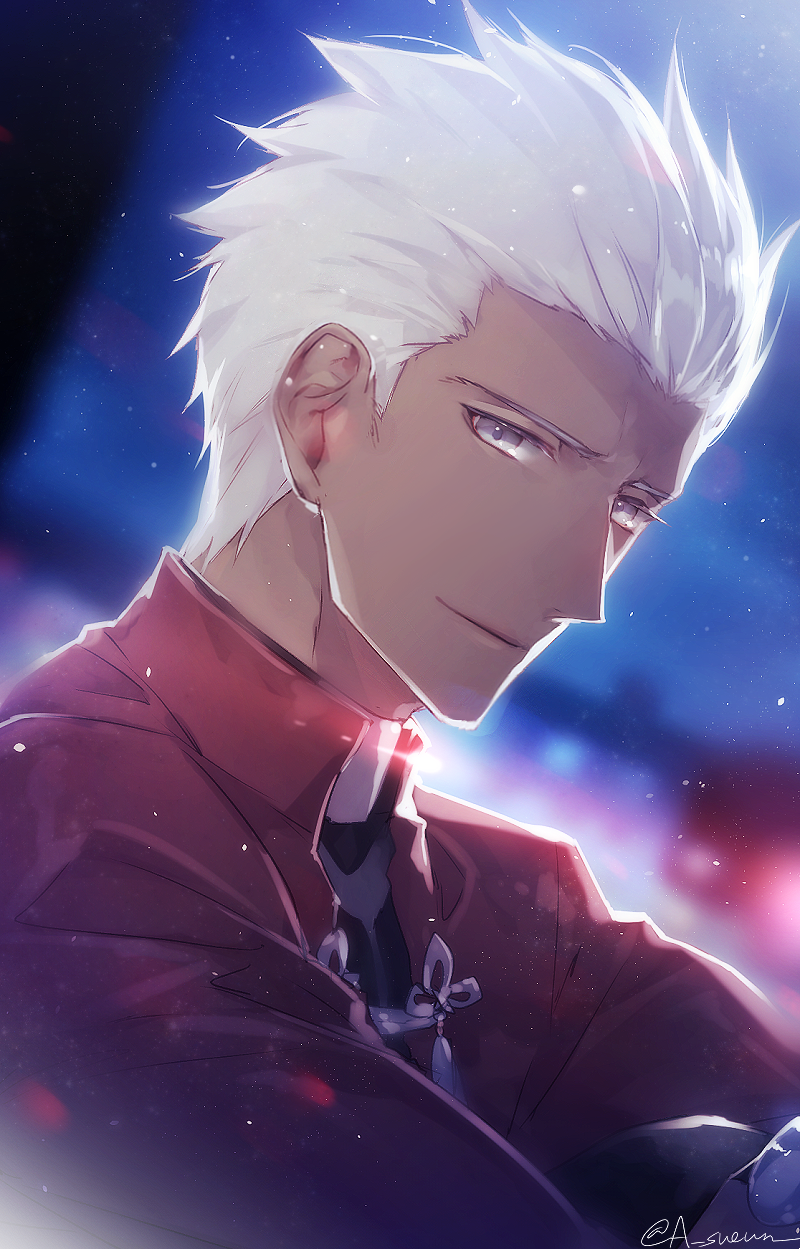 1boy archer blurry blurry_background dark_skin dark_skinned_male face fate/stay_night fate_(series) grey_eyes highres light_particles looking_at_viewer looking_to_the_side male_focus night parted_lips portrait solo white_hair zelovel