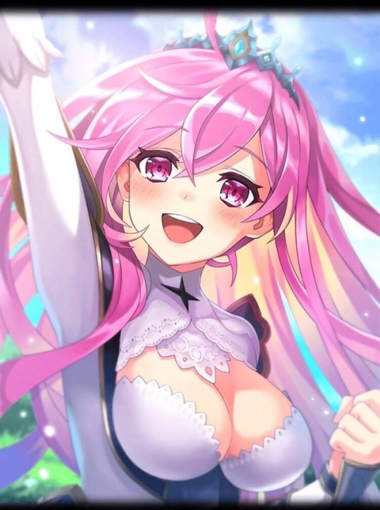 1girl artist_request blush breasts cleavage long_hair medium_breasts official_art open_mouth phantom_of_the_kill pink_eyes pink_hair sky smile tiara tyrfing_(phantom_of_the_kill)