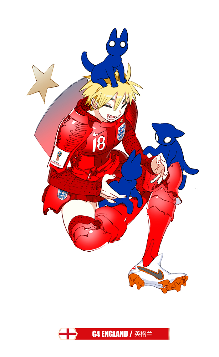 1girl 2018_fifa_world_cup :d animal animal_on_head armor armored_boots armored_dress blonde_hair boots cleats closed_eyes daibajoujisan england english_flag fang full_body nike number on_head open_mouth pauldrons red_legwear short_hair simple_background smile soccer star white_background white_footwear