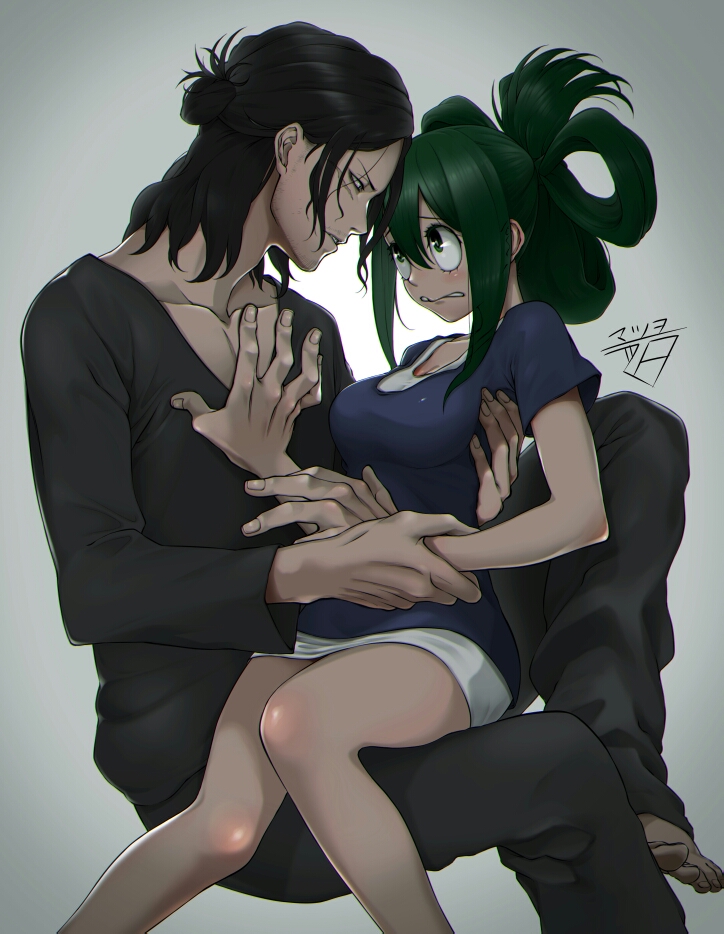 1boy 1girl aizawa_shouta arm_grab asui_tsuyu barefoot black_pants black_shirt boku_no_hero_academia collarbone eye_contact face-to-face facial_scar folded_ponytail green_eyes green_hair hair_between_eyes hair_bun hair_rings hug long_sleeves looking_at_another miniskirt pants parted_lips scar shirt short_sleeves sitting sitting_on_lap sitting_on_person skirt t-shirt tied_hair white_skirt yugaminokuni