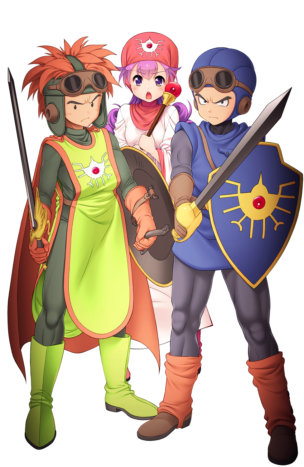 1girl bodysuit breasts curly_hair dragon_quest dragon_quest_ii dress exit_nothing full_body hat highres hood hood_up long_hair long_sleeves looking_at_viewer medium_breasts multiple_boys open_mouth prince_of_lorasia prince_of_samantoria princess princess_of_moonbrook purple_hair shield short_hair staff standing violet_eyes weapon white_dress white_robe