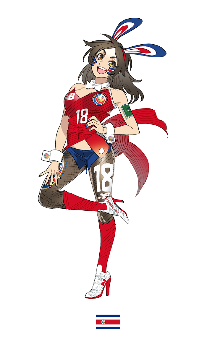 1girl 2018_fifa_world_cup :d armband black_hair black_legwear breasts brown_eyes cleavage costa_rica costa_rican_flag covered_navel daibajoujisan fishnets full_body hand_on_hip high_heels long_hair looking_at_viewer new_balance open_mouth simple_background smile soccer solo white_background wrist_cuffs