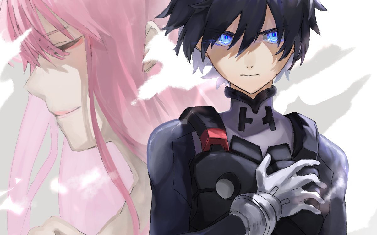 1boy 1girl bangs black_bodysuit black_hair blue_eyes bodysuit closed_eyes commentary_request couple darling_in_the_franxx eyebrows_visible_through_hair gloves hand_on_own_chest hetero hiro_(darling_in_the_franxx) long_hair looking_at_viewer pilot_suit pink_hair sa_nomaru shirtless short_hair white_gloves zero_two_(darling_in_the_franxx)