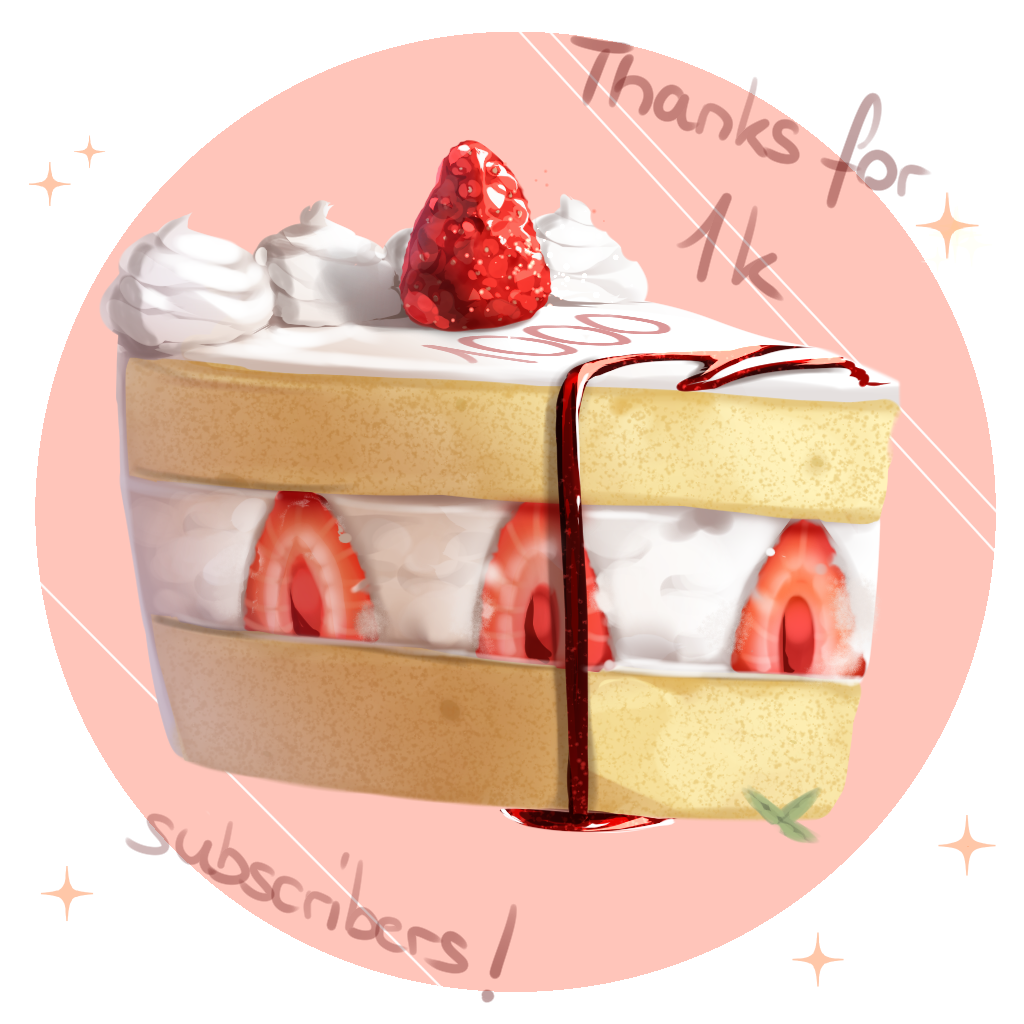 cake commentary deviantart english_commentary followers food fruit no_humans original sasoura simple_background sparkle strawberry strawberry_shortcake thank_you